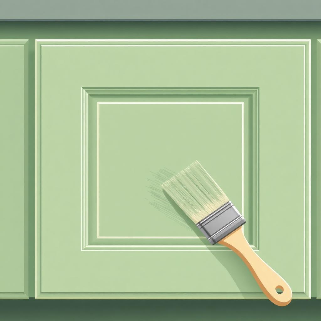 Kitchen cabinet door painted sage green with paintbrush nearby