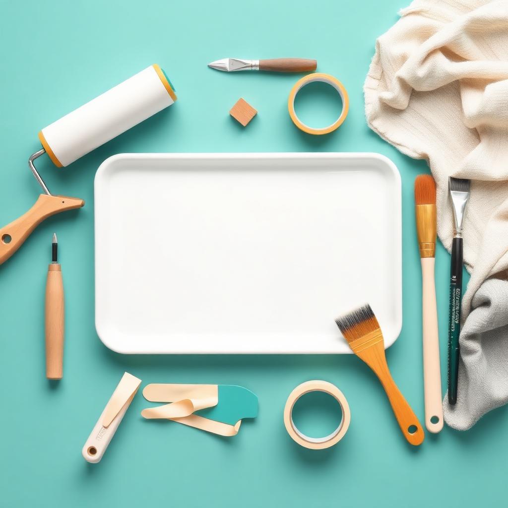 Flat lay of painting tools including roller brush tape and tray on teal background