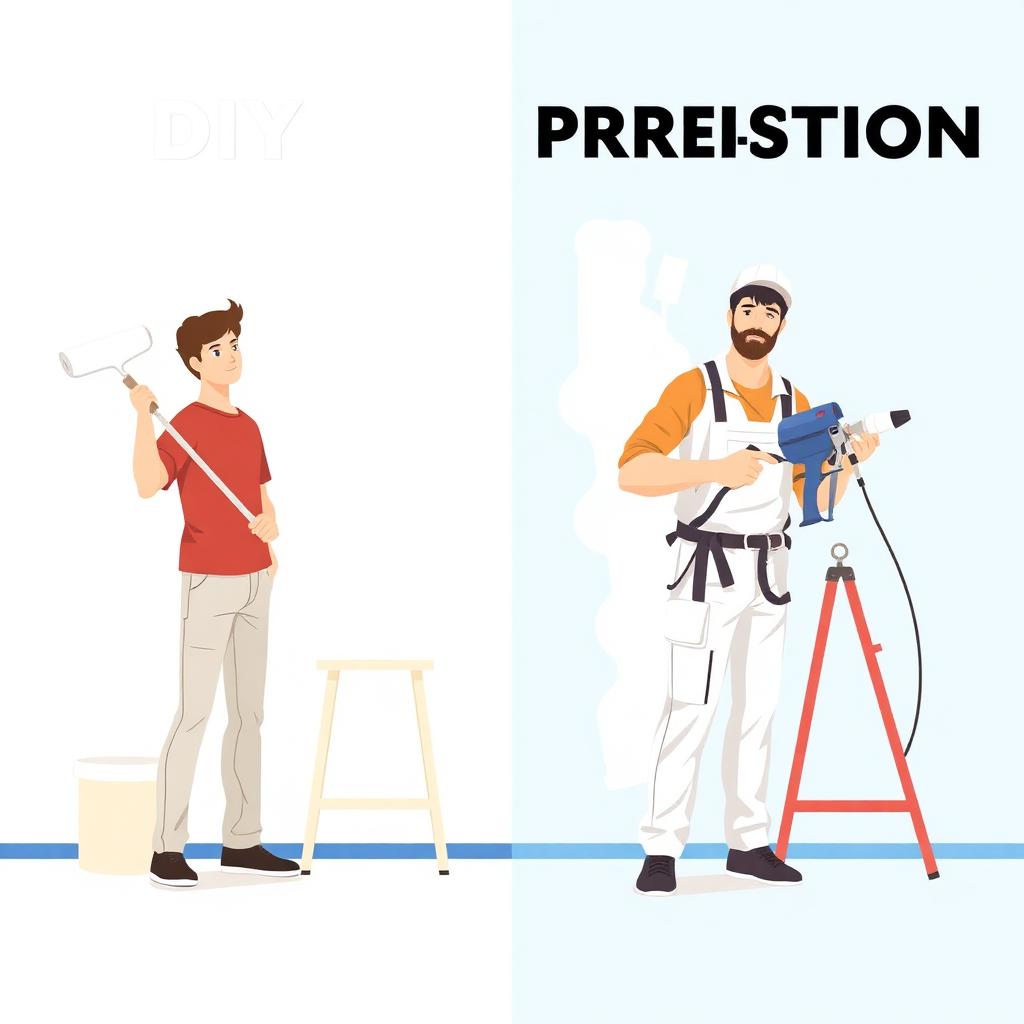 Comparison of a DIY painter with a roller and a professional with a sprayer