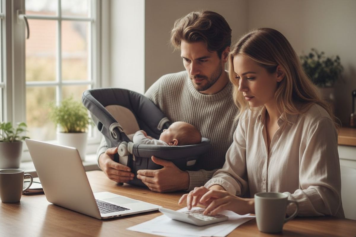 New parents budgeting at home