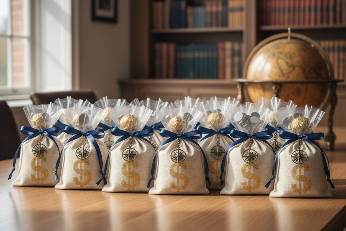Party favor bags on a table