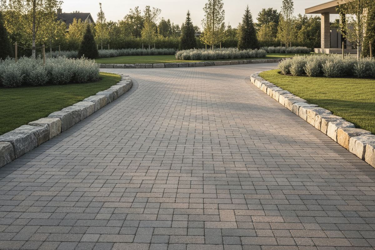 Paver driveway with stone borders