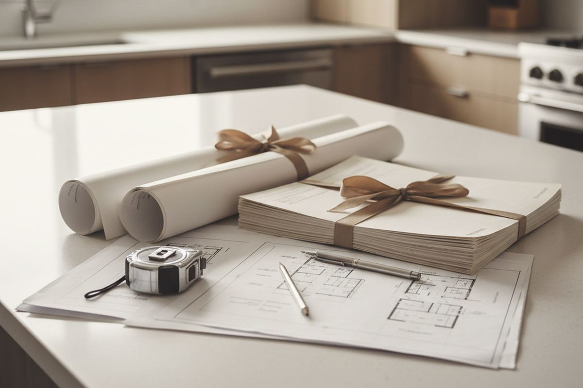 Building permit on a kitchen counter