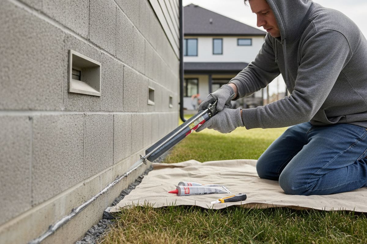 Homeowner sealing a foundation gap