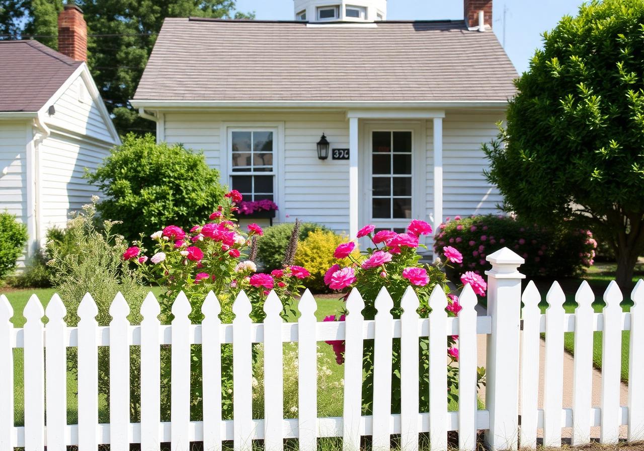 Classic white picket fence in front of a suburban cottage