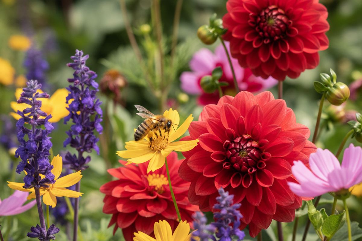 Bee on flowers in a garden
