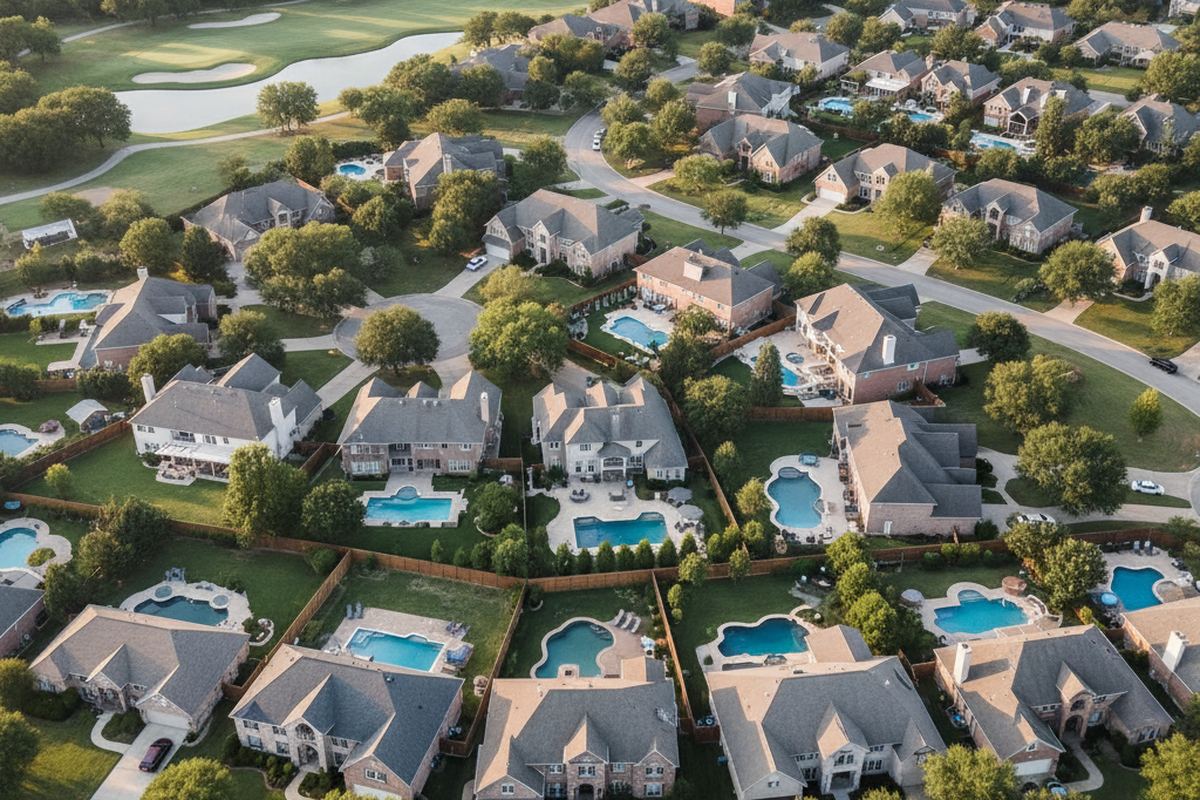 Aerial suburban homes with pools