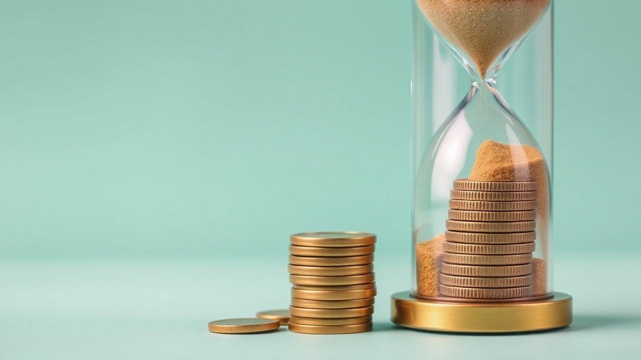 Vintage hourglass next to stacked coins on a soft teal background