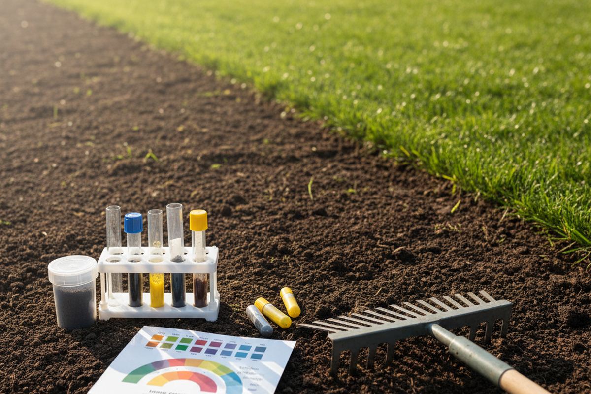 Rake and soil test kit on lawn