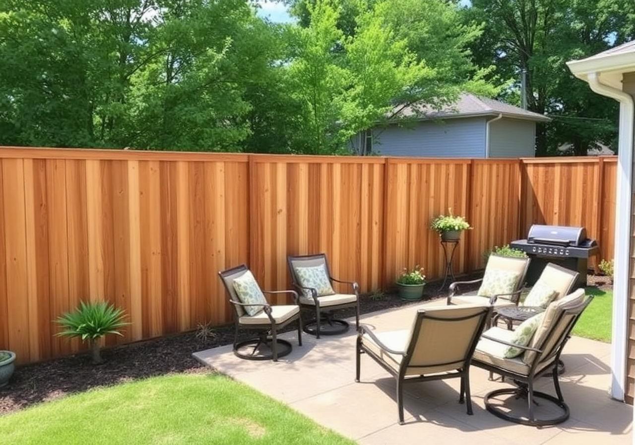 Six-foot wood privacy fence enclosing a backyard patio