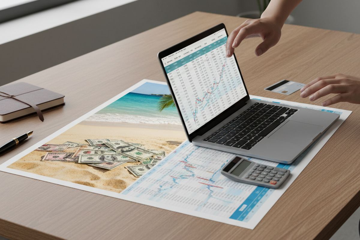 Cash and beach photo on a desk