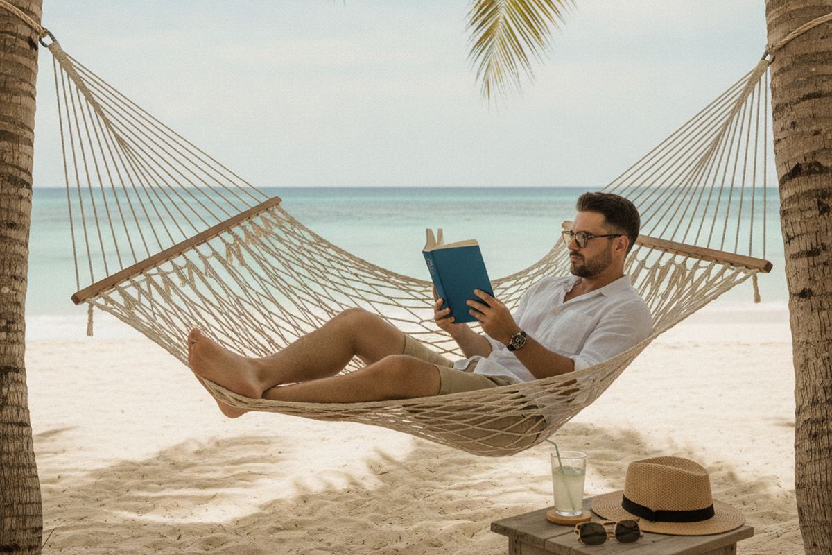 Manager on vacation reading a book