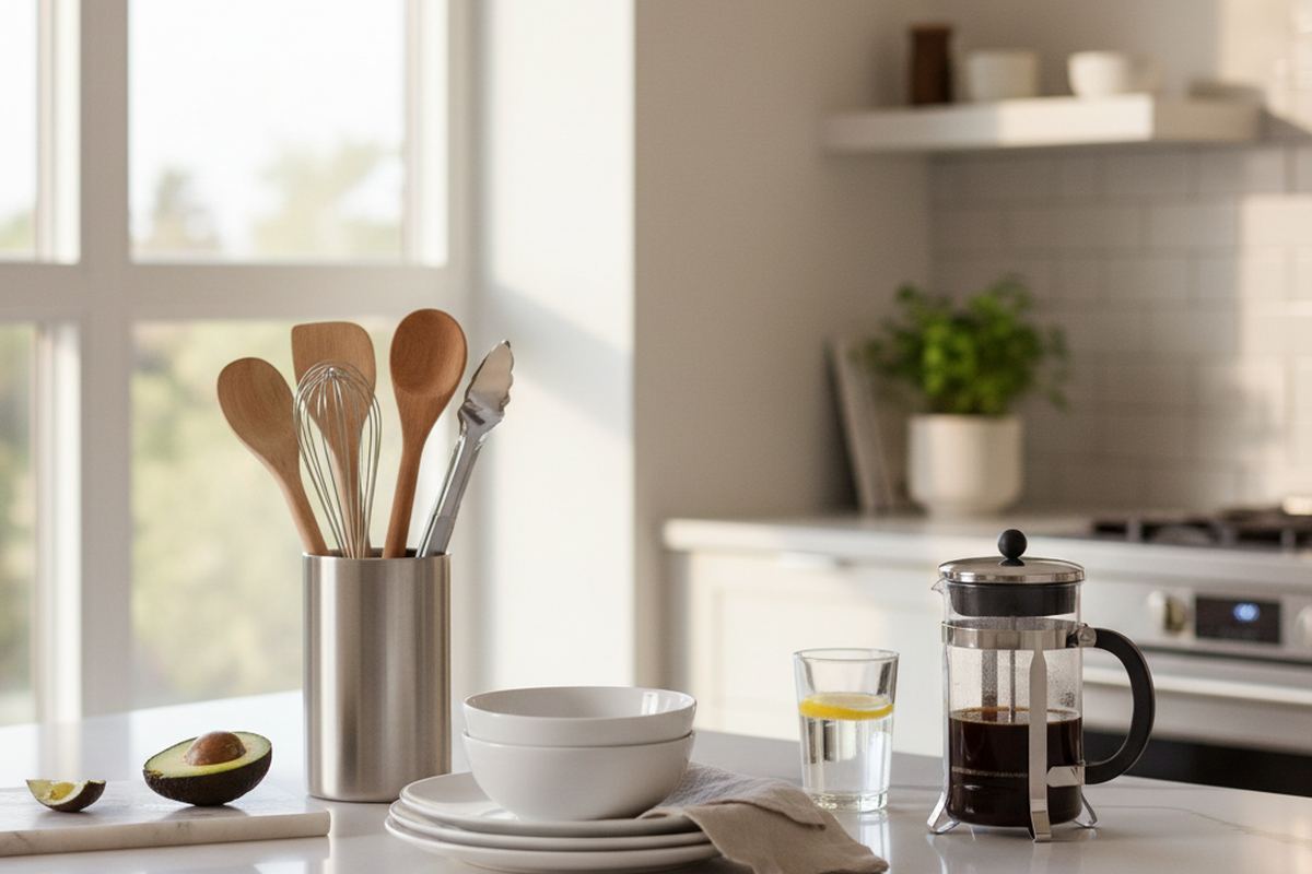 Quartz countertop with kitchen items
