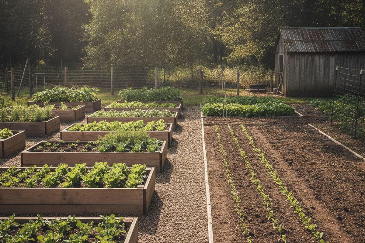 Raised beds next to in-ground plot