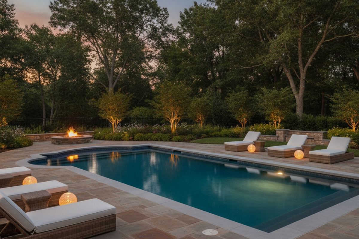 Backyard inground pool at dusk