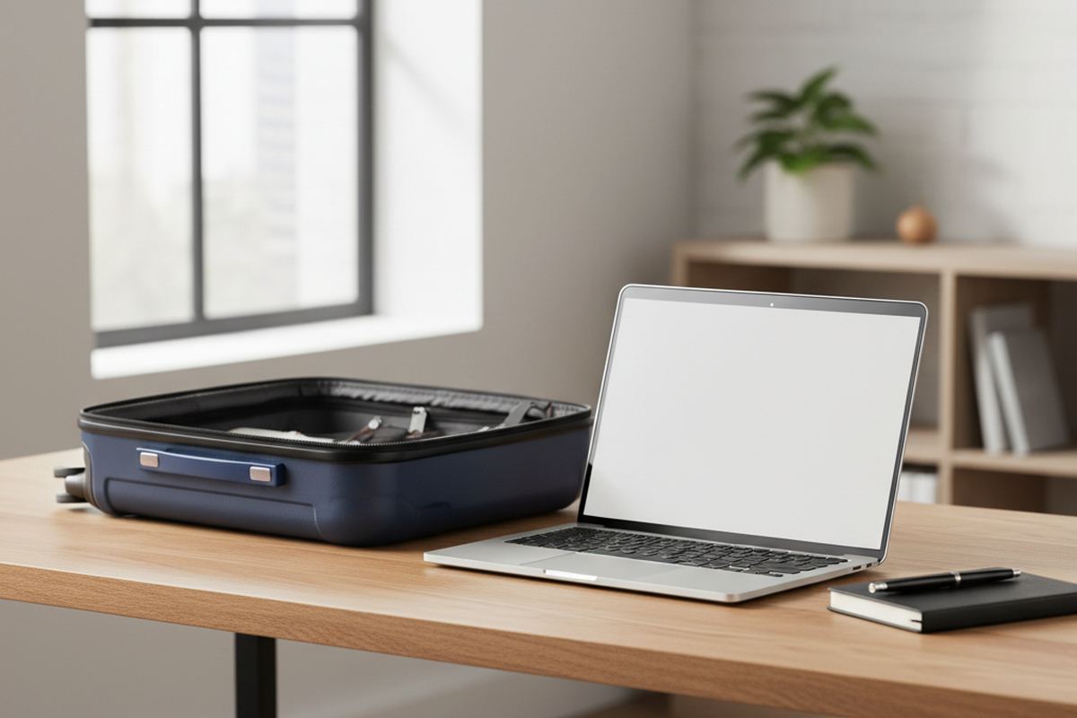 Suitcase and laptop on a desk
