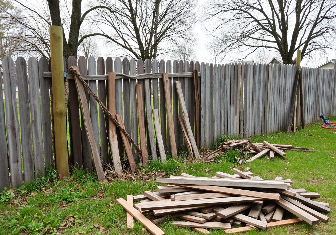 Old leaning rotted wood fence being demolished