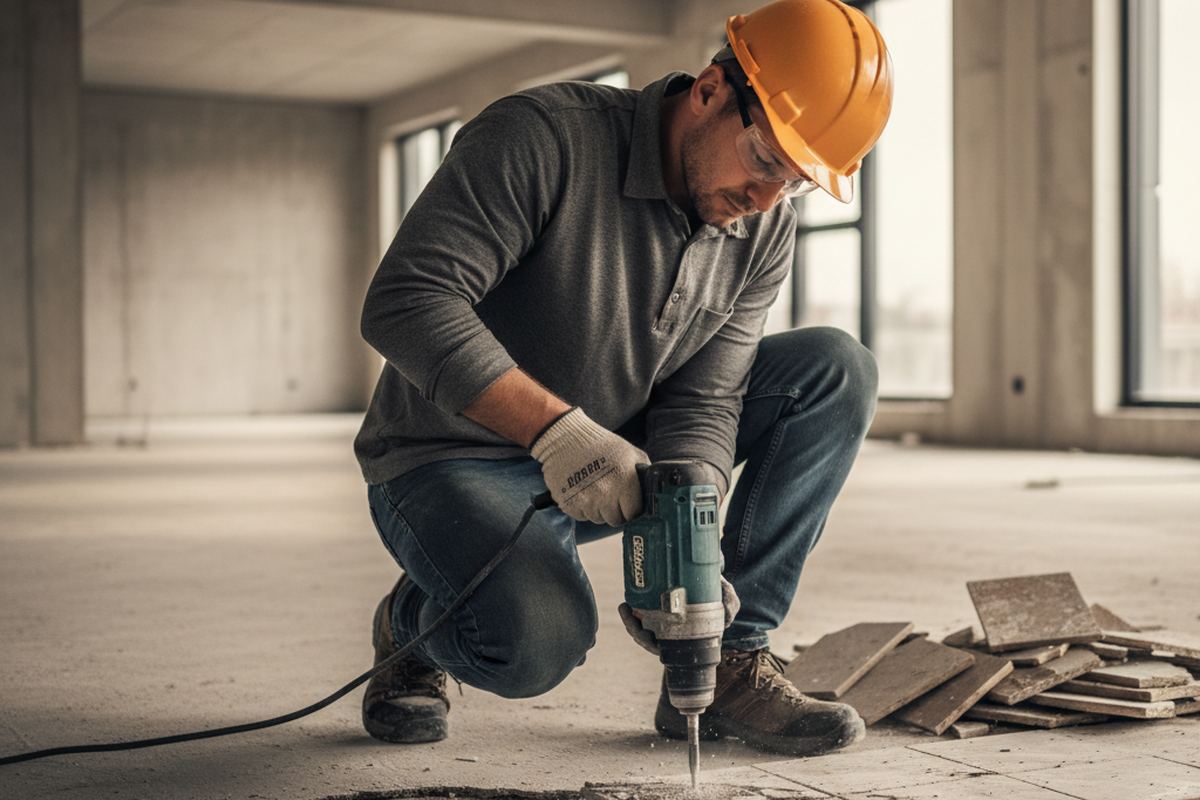 Worker removing old floor tile