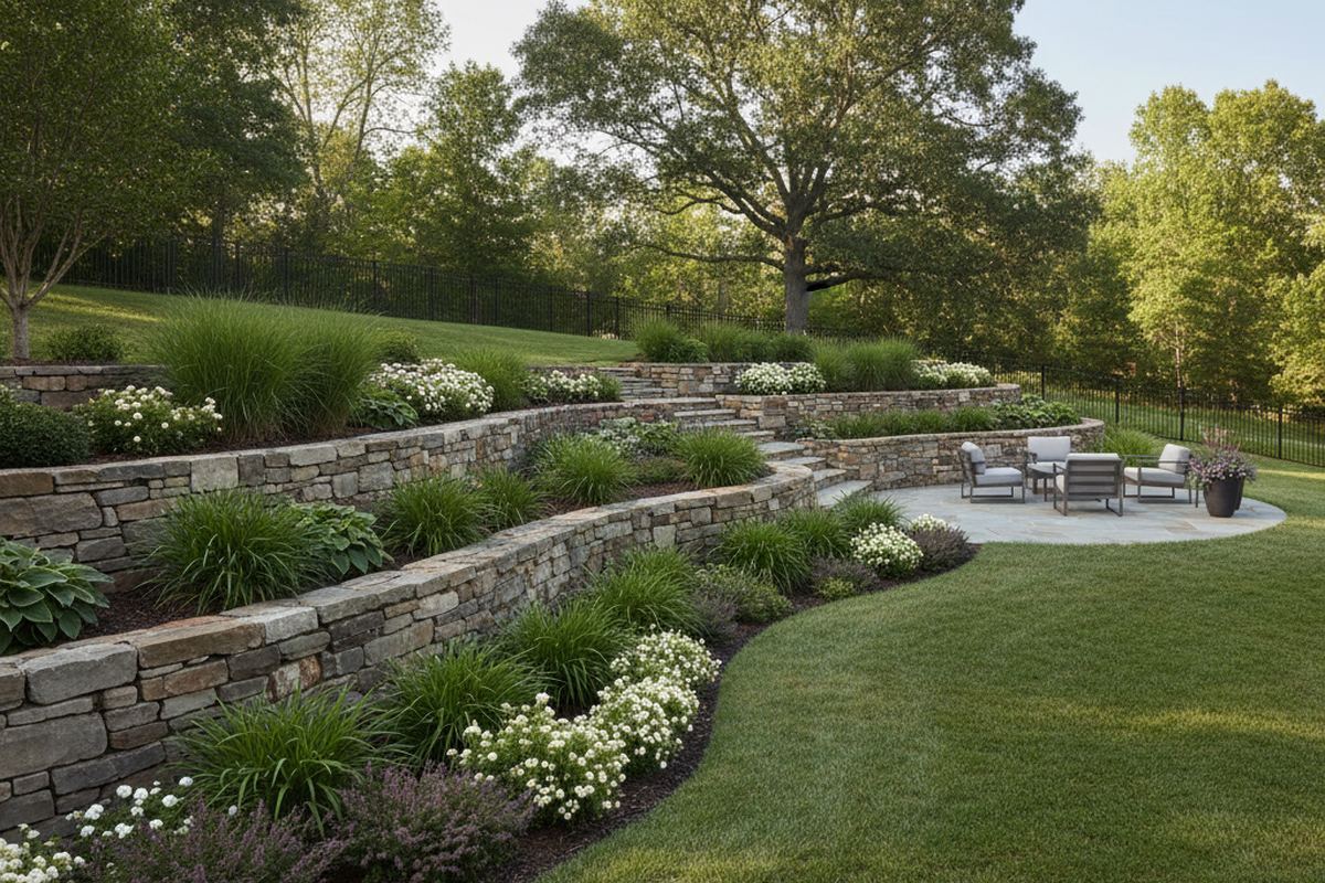Stone retaining wall in yard