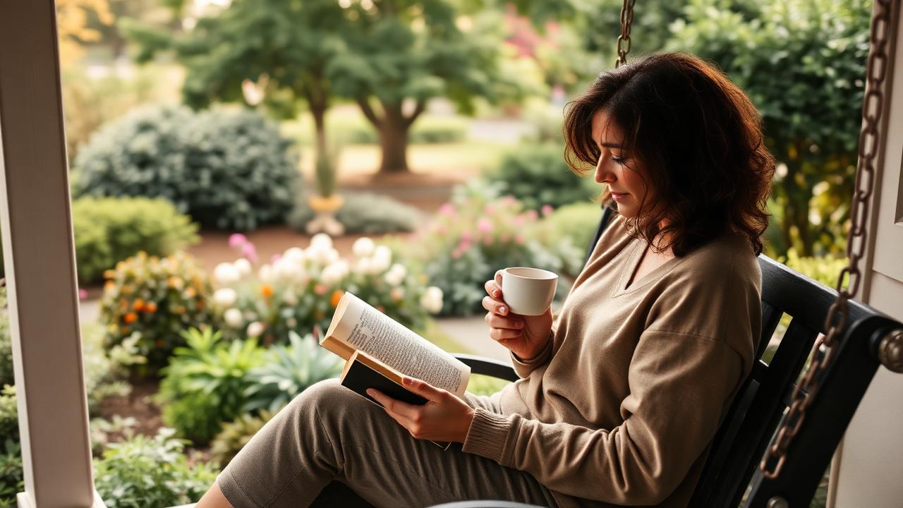 Person reading a book on a porch swing with coffee, garden in soft focus behind them