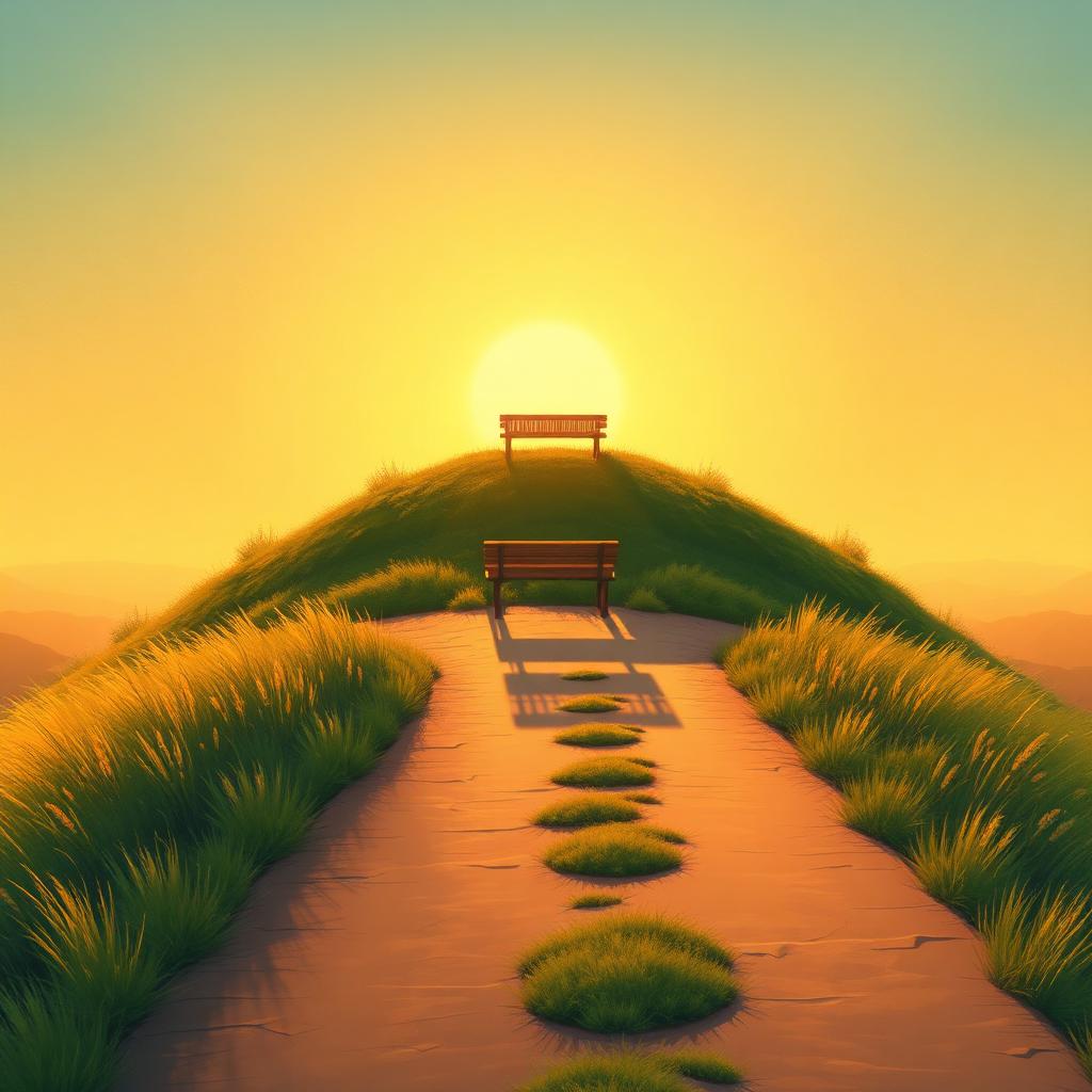 Sunlit hilltop bench at golden hour, symbolizing the peace and security of a well-planned retirement