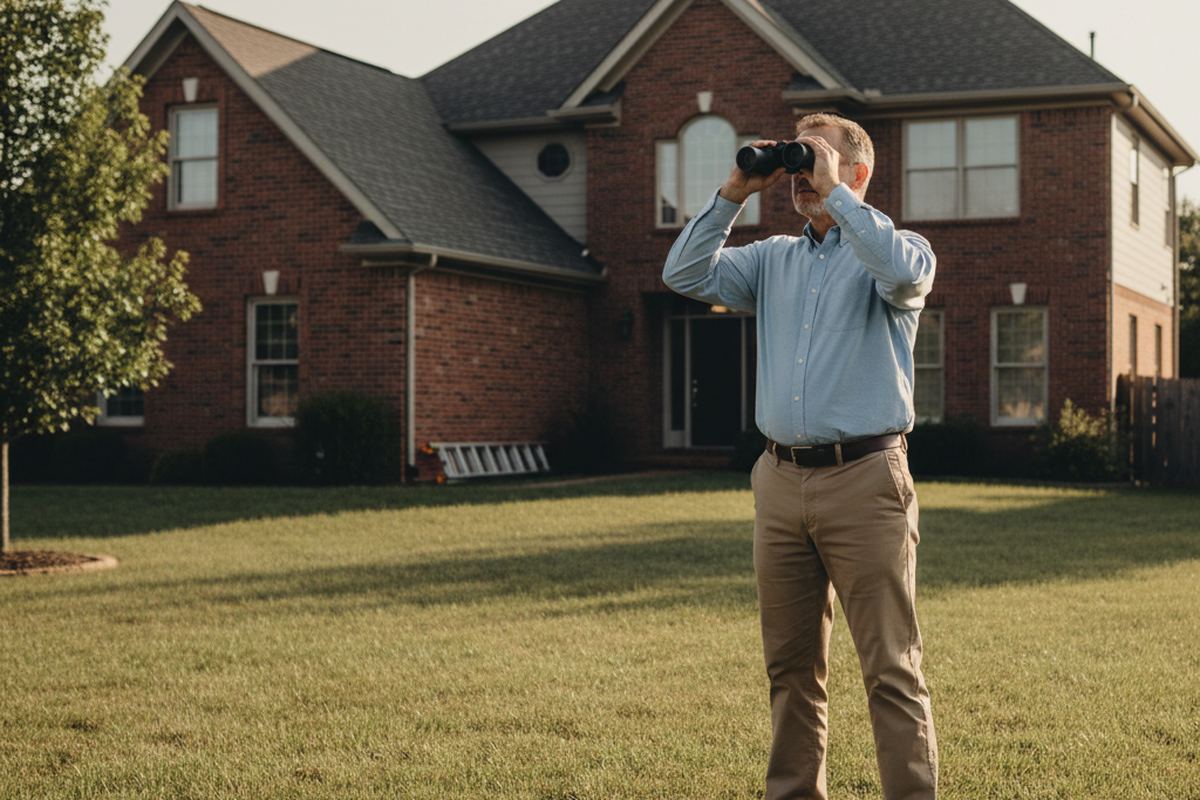 Homeowner inspecting roof with binoculars