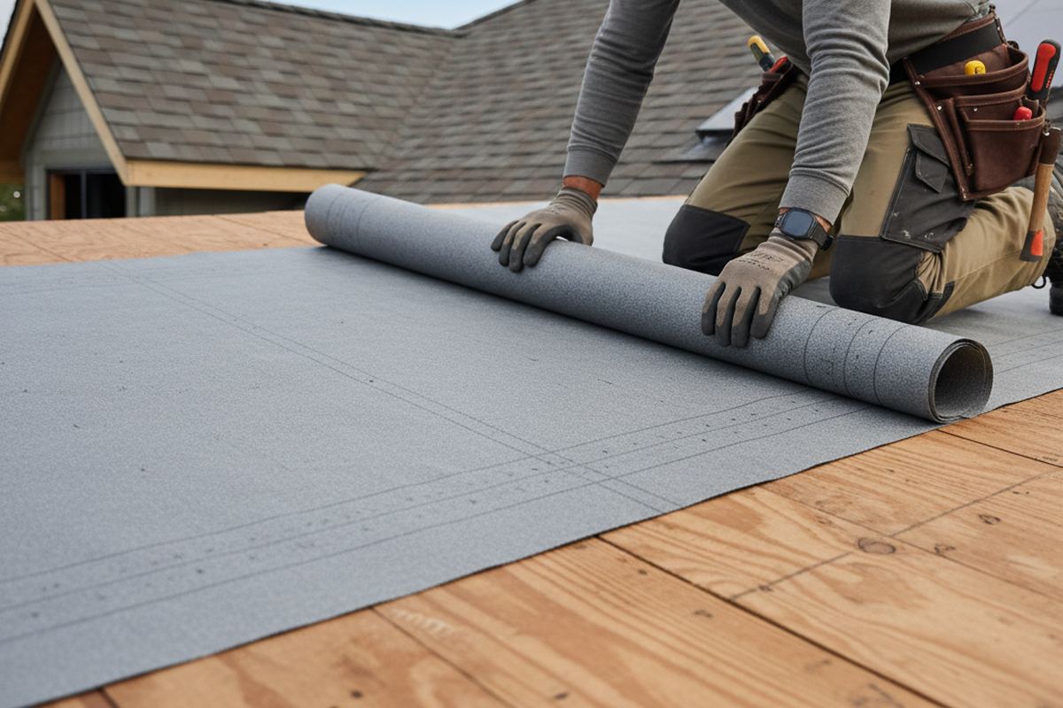 Synthetic underlayment being installed on a roof deck