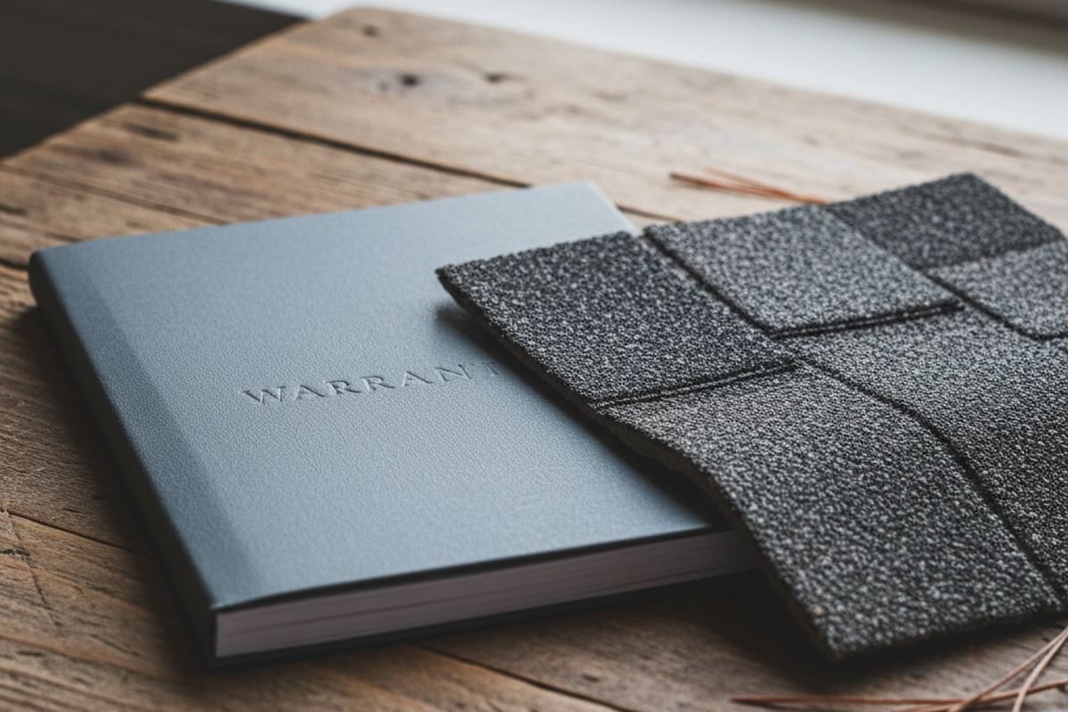 Warranty booklet next to shingle sample