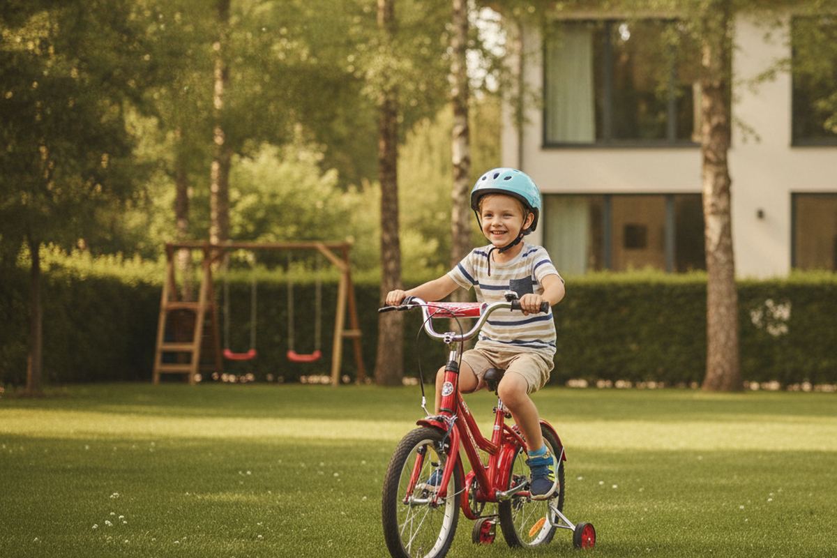Kid on new bike in yard