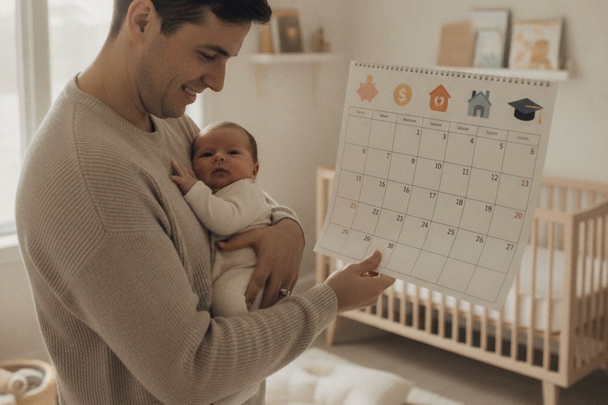 New parent with baby and calendar