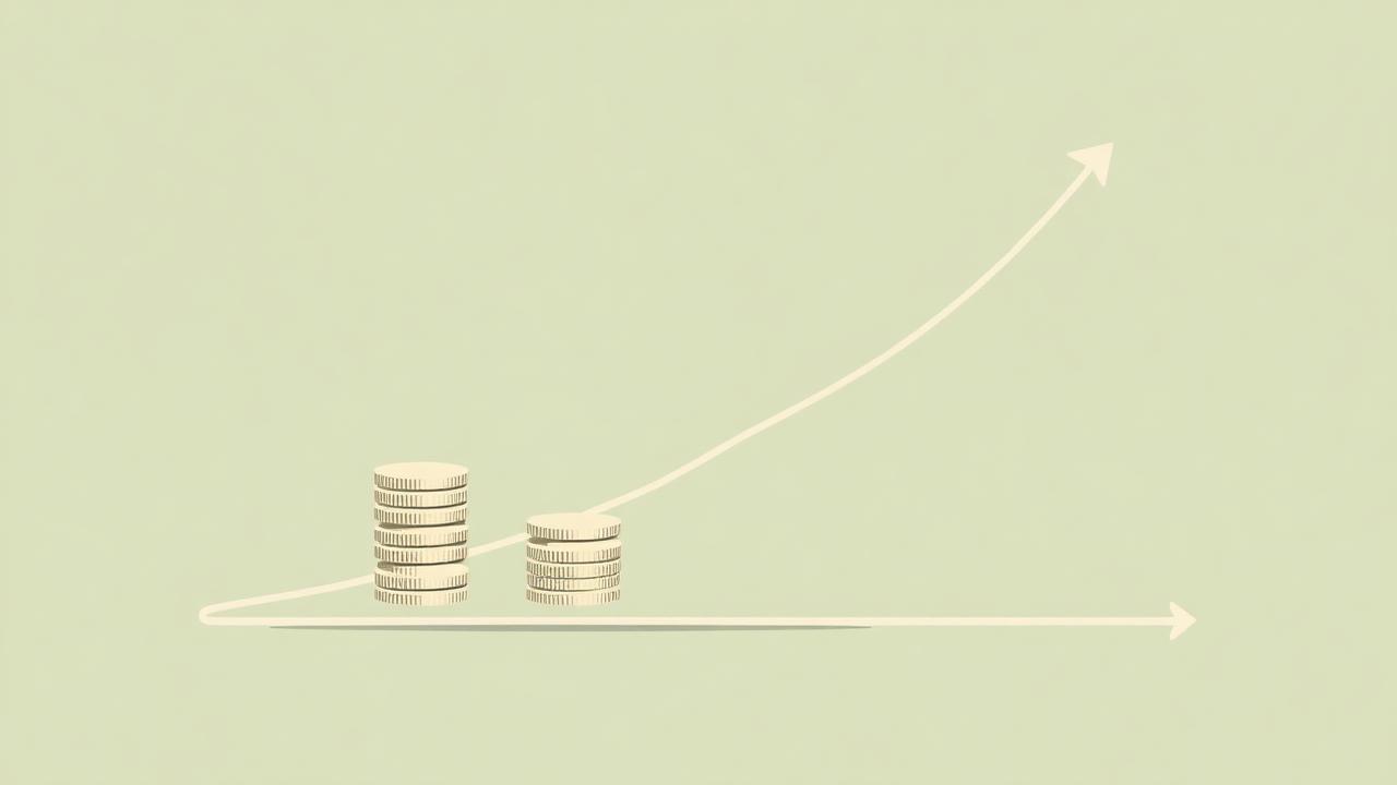 Sage green background with stacks of coins and an upward growth curve