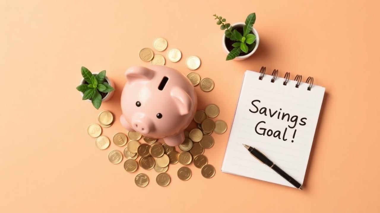 Pink piggy bank with gold coins and a notebook labeled Savings Goal on a peach surface