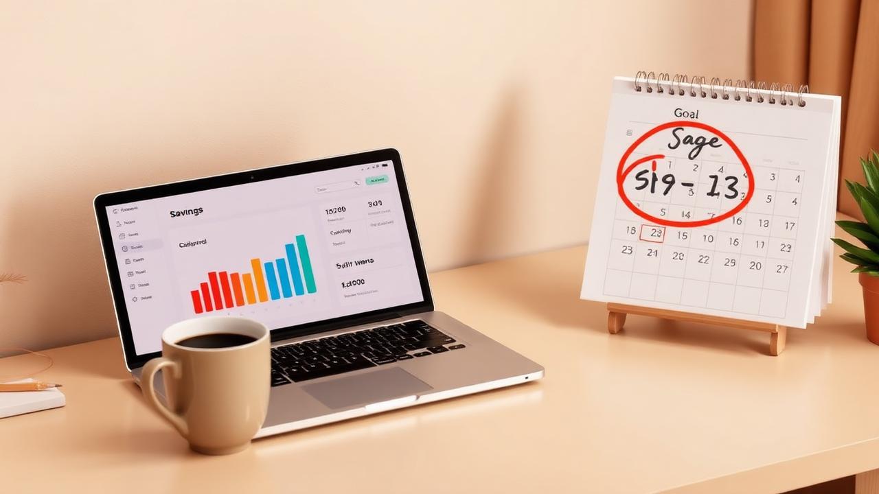 Modern desk with laptop displaying a savings dashboard and a goal calendar