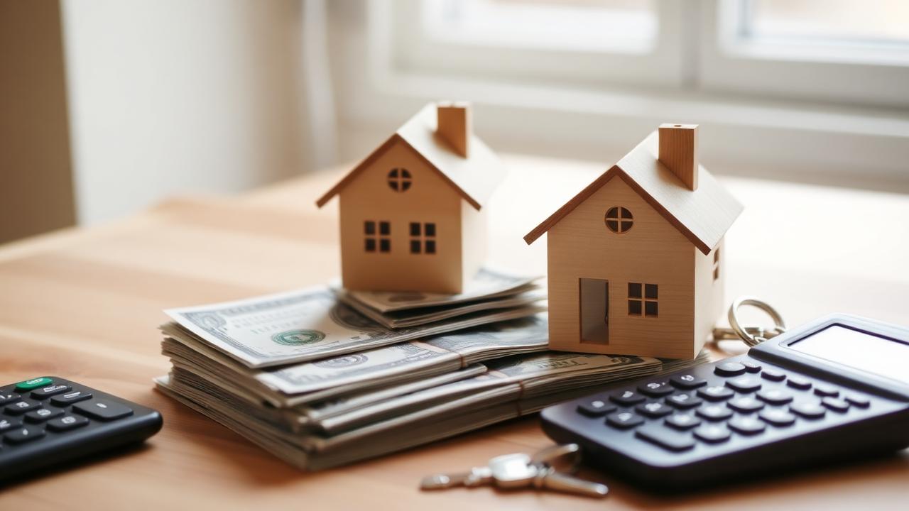 Two wooden model houses on a stack of cash beside a calculator and house keys