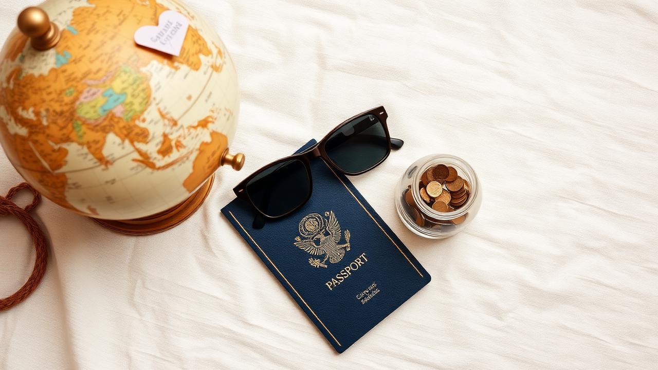 Vintage globe, passport, sunglasses, and jar of coins on a cream linen background