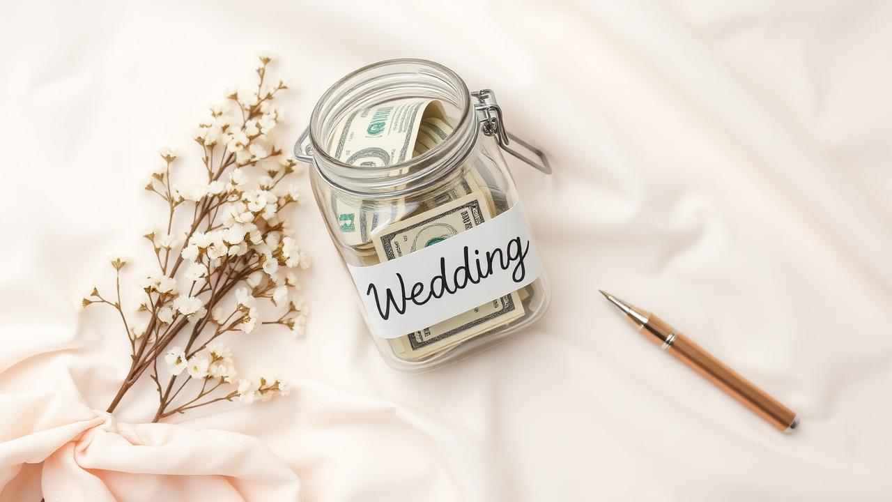 Glass jar of cash labeled Wedding beside white floral sprigs and a calligraphy pen on cream linen