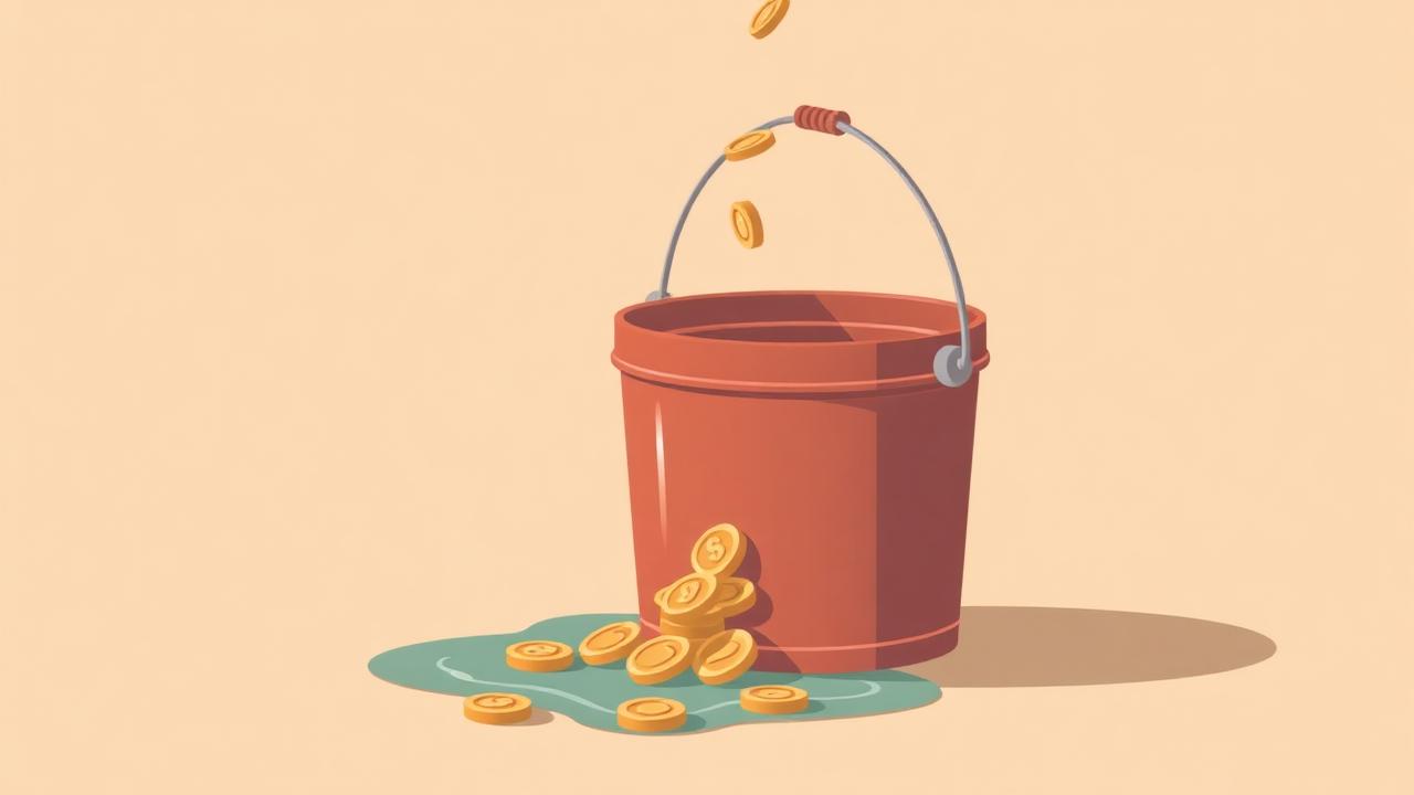 Leaky bucket with coins falling out
