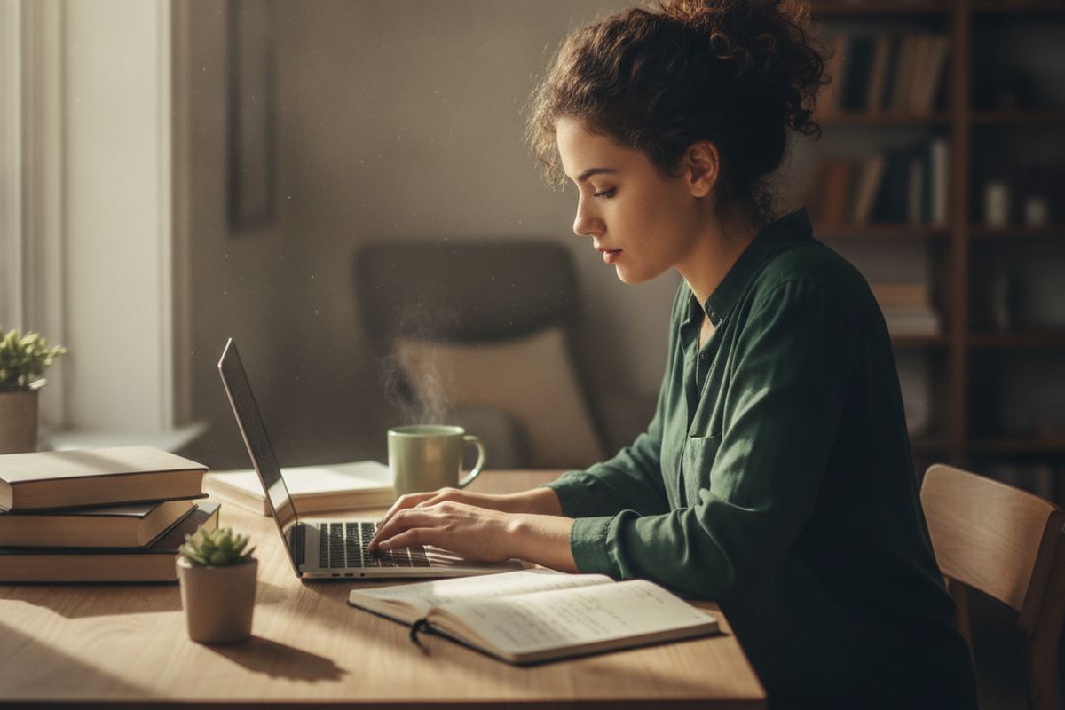 Student writing an essay at a desk