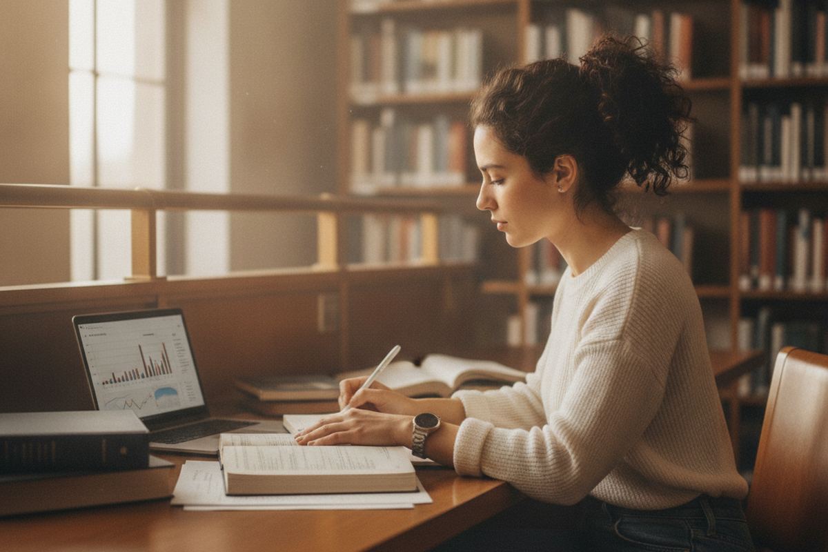 Graduate student at a research desk