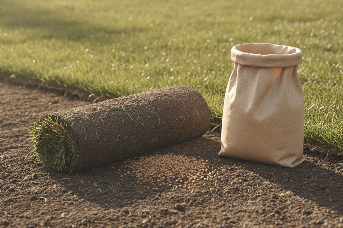 Sod roll next to bag of grass seed