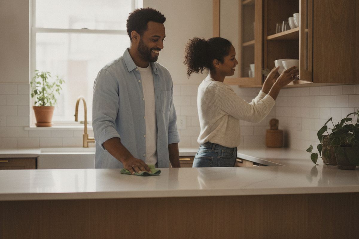 Couple sharing kitchen cleanup