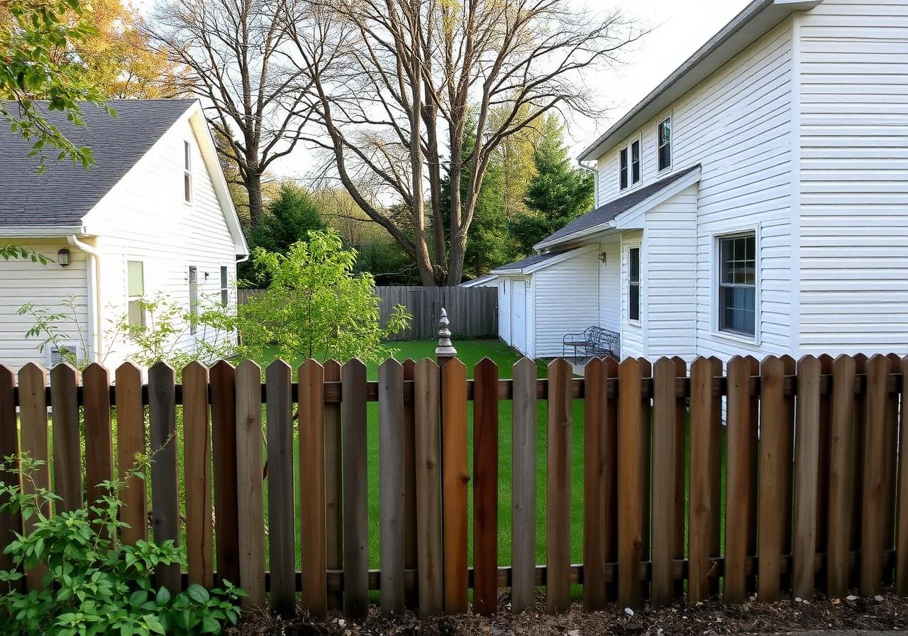 Two neighboring backyards separated by a shared wood fence