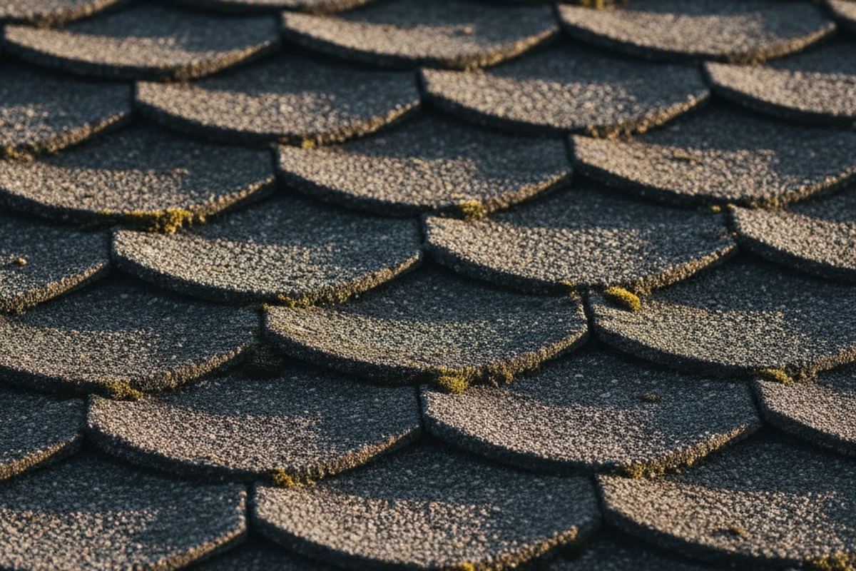 Old worn roof shingles curling at edges