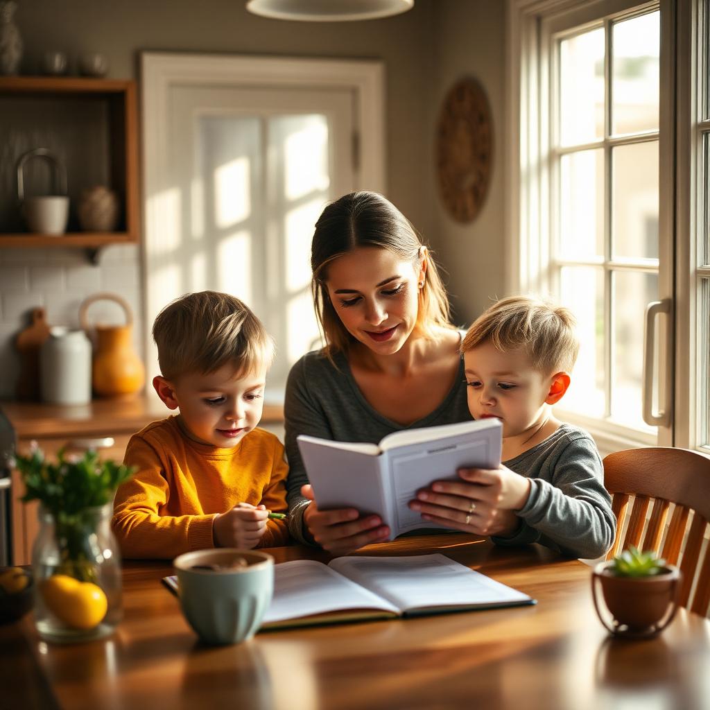 Single mom reviewing a household savings notebook with her two kids at the kitchen table