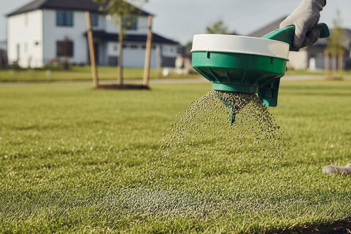 Fertilizer being spread on new sod