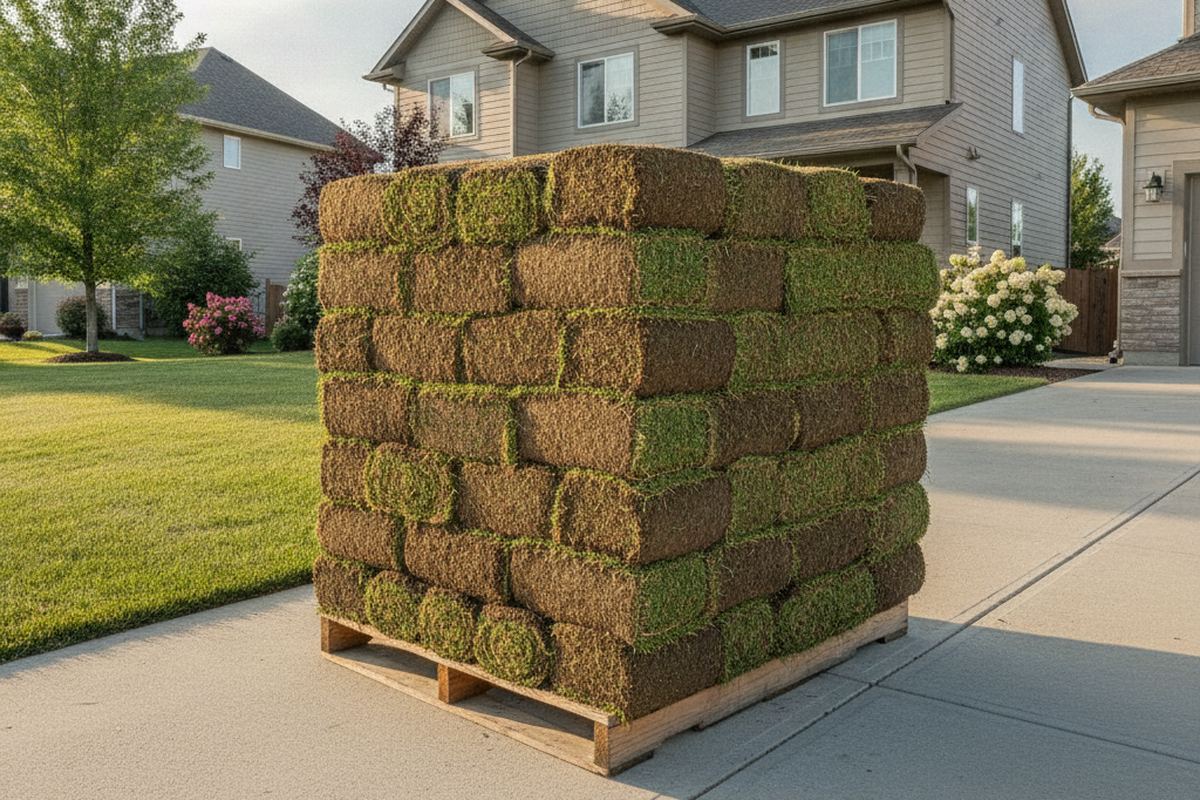 Pallet of sod on a driveway