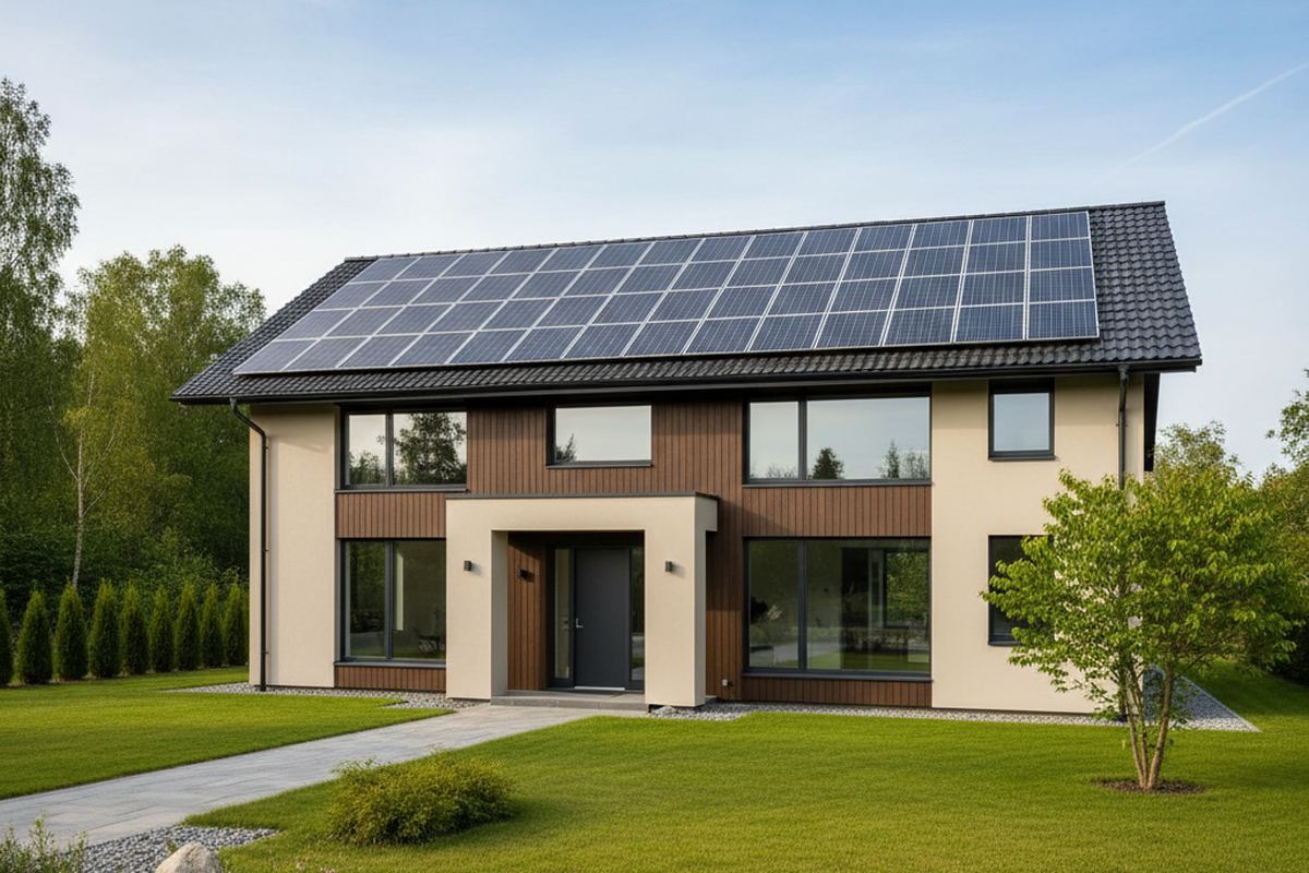 House with solar panels and new roof