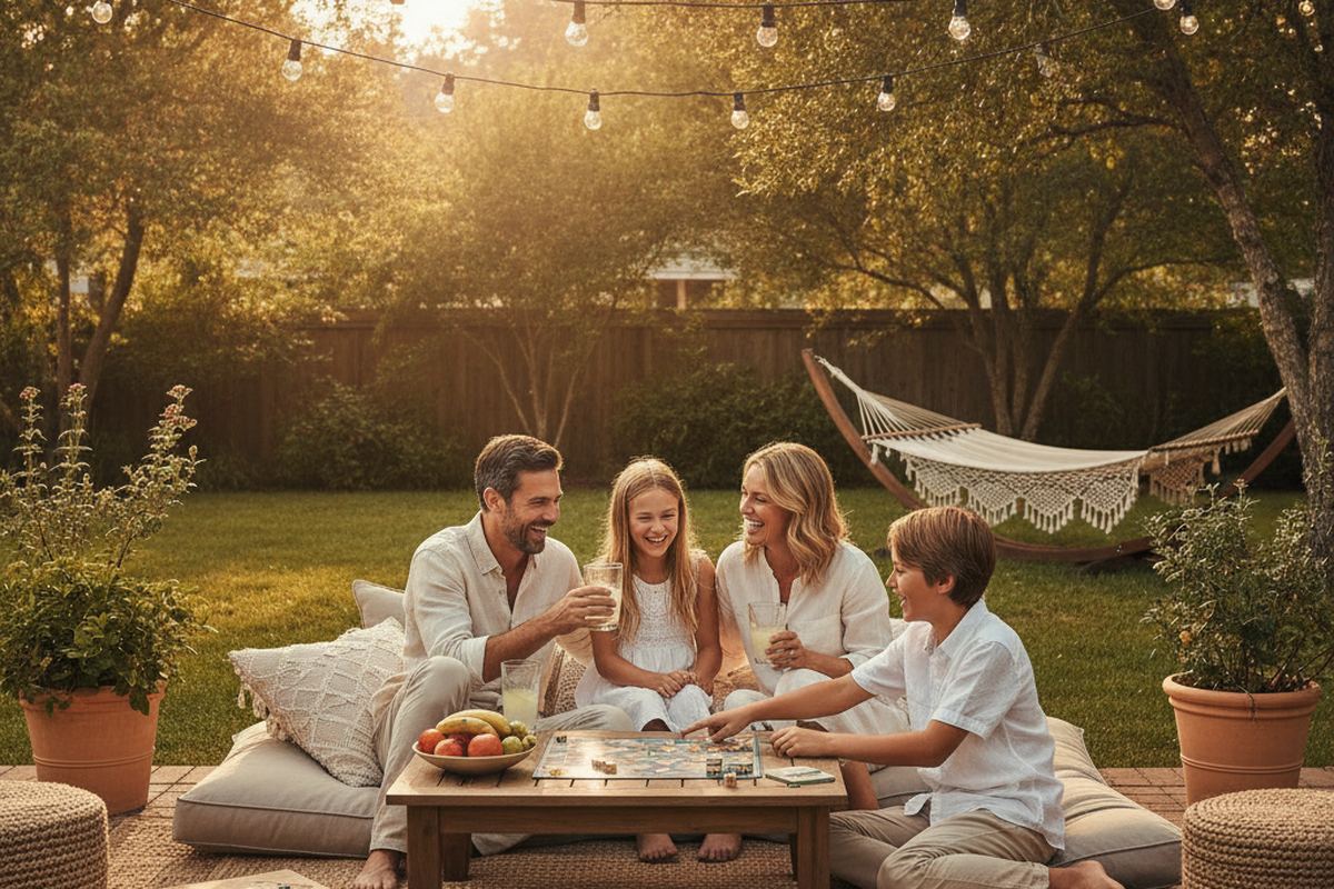 Family enjoying a backyard staycation