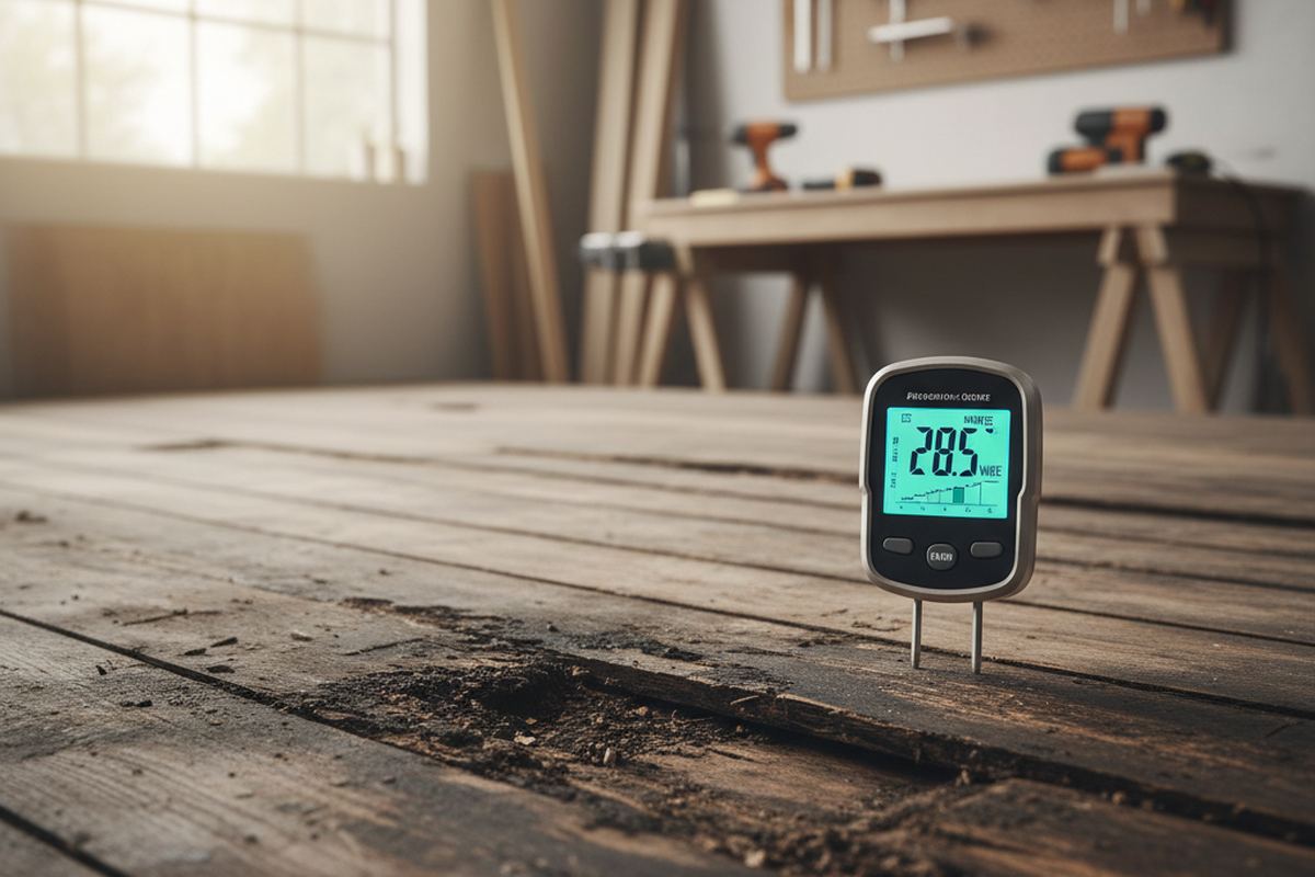 Damaged subfloor with moisture meter