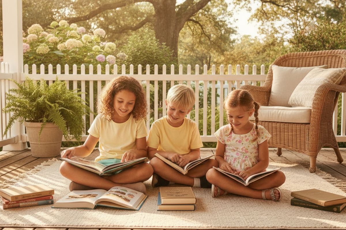 Kids reading on a porch